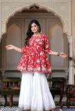Red embroidered printed kameez set with white dupatta and pants