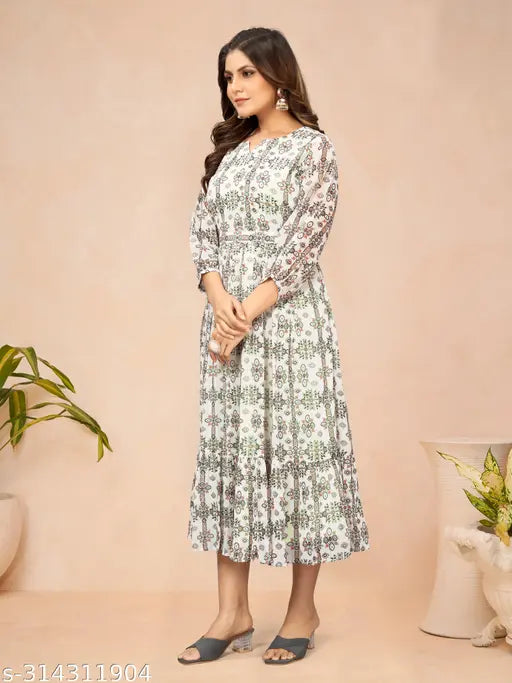 Alisha Fashionable Kurti, long sleeves, flared skirt, white and black print, knee length