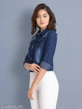 Denim long-sleeve women's jacket, Pretty Ravishing solid color style - L (39in bust, 19in length), India origin