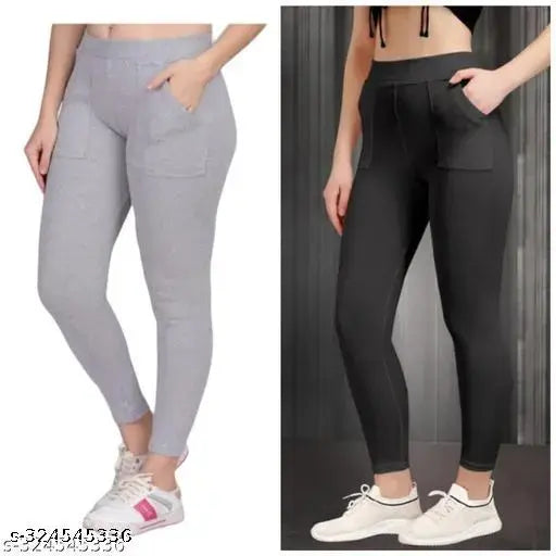 Lycra pocket jegging for women, solid color and versatile for gym, yoga, or casual wear. Sizes include 28, 30, 32, 34, free size, S, M, L, XL, XXL. Made in India