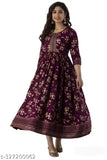 Maroon long printed Anarkali kurt with three-quarter sleeves, rayon fabric, vibrant combo pattern. Women's sensational printed long Anarkali kutra, suitable for various sizes from S to XXXL. Made in India