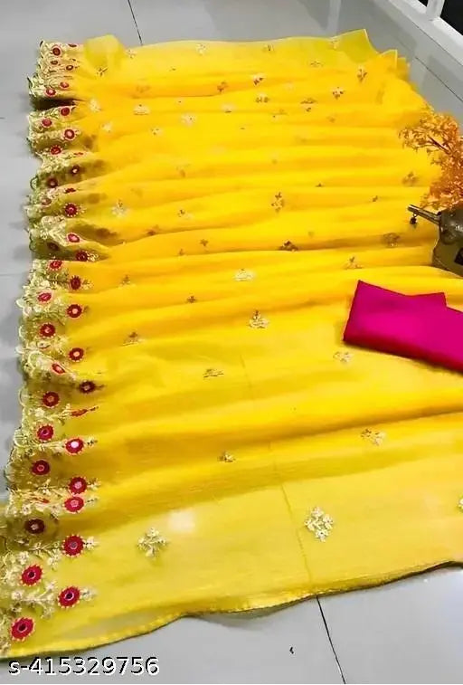 Indian silk blend sari with net embroidery & mirror work, single free size (5.5m length)