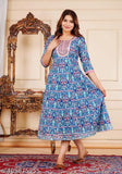 Trendy embroidered cotton anarkali kurta, calf-length with gota detailing, round neck and three-quarter sleeves. Indian ethnic wear in floral print. Perfect for regular wear." (103 characters)