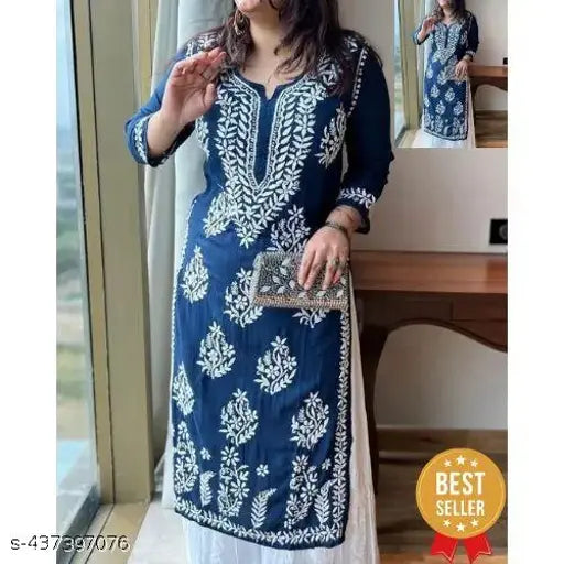 Embroidered rayon kurti and palazzos set, fancy chikankari design for women