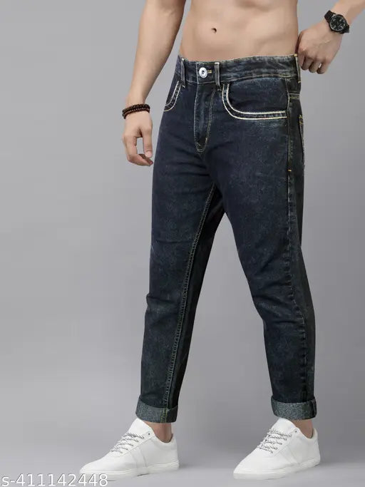 Men's slim mid-rise blackcream denim jeans, stretchable, comfortable, fashionable ankle length. Blackcream men's jeans on model, regular fit size options available: 30, 32, 34, 36, 38 (31in/41in/36in, 33in/41in/38in, 35in/41in/40in, 37in/41in/42in, 39in/41in/44in)