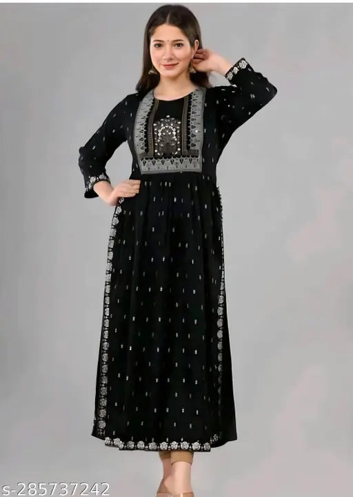 Black rayon embroidered kurta with beads and stone work, long sleeves, perfect for traditional Indian wear