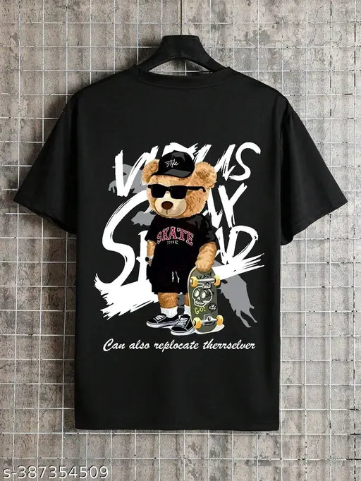 Black cotton blend round neck t-shirt, printed pattern, short sleeves. Timeless style, Manlino Men's Indian-made apparel