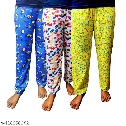 Lower of dailywear pack of 3 girls' lounge wear for women, printed in shades of blue, yellow and green, 100% cotton material