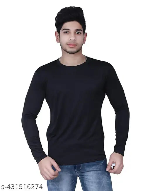 Black men's solid pattern trendy round neck polyester t-shirt, long sleeves, size M (Chest 38in, Length 28in)