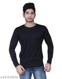Black men's solid pattern trendy round neck polyester t-shirt, long sleeves, size M (Chest 38in, Length 28in)