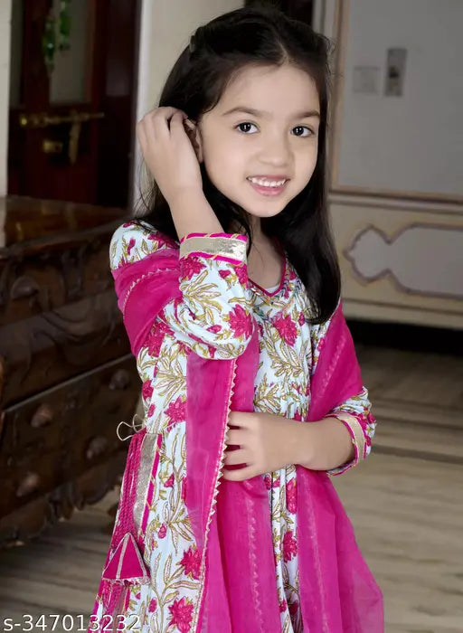 attractive classic kids rayon set, A-line palazzos with printed dupatta and gota patti work on front panel, size 5-6 years