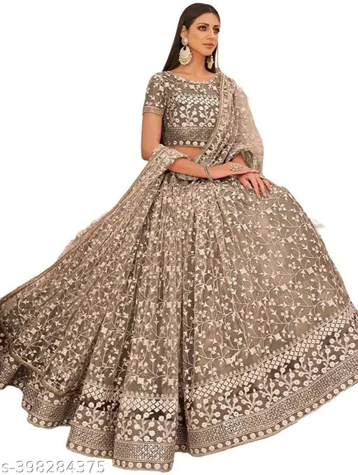 Yellow embroidered net lehenga choli set, semi-stitched with flared lehenga and short sleeves, Indian fashion for women and girls