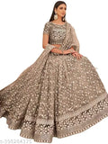 Yellow embroidered net lehenga choli set, semi-stitched with flared lehenga and short sleeves, Indian fashion for women and girls