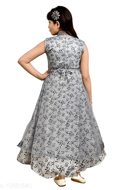 Grey silk blend sleeveless frock for boys, printed net pattern, single pack (3-4 years size)