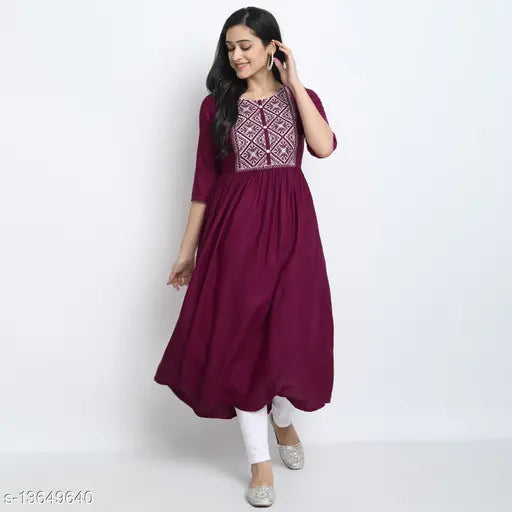 Embroidered rayon kurti with three-quarter sleeves, vibrant Indian fashion for S, M, L, XL, XXL sizes