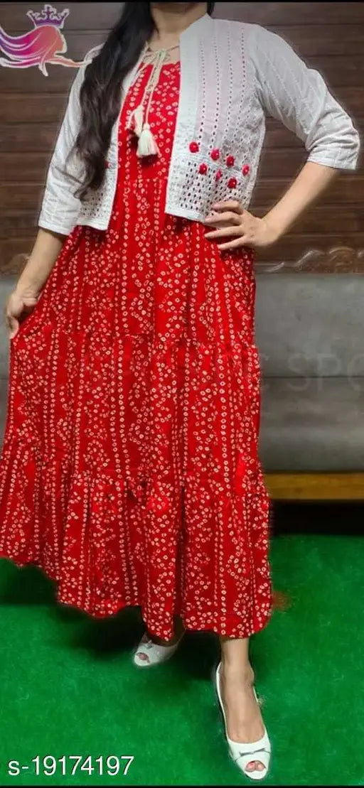 A beautiful red rayon long skirt ankle length flared kurta with a shifli jacket