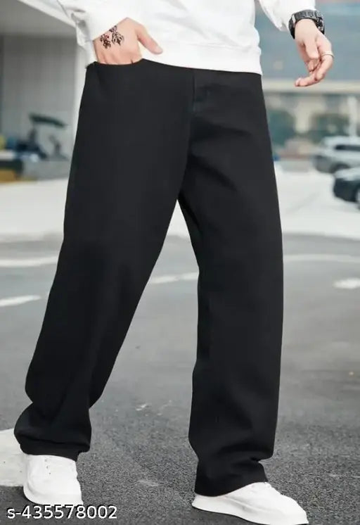 Men's black cotton blend baggy jeans - loose fit, solid pattern, modern style and comfort