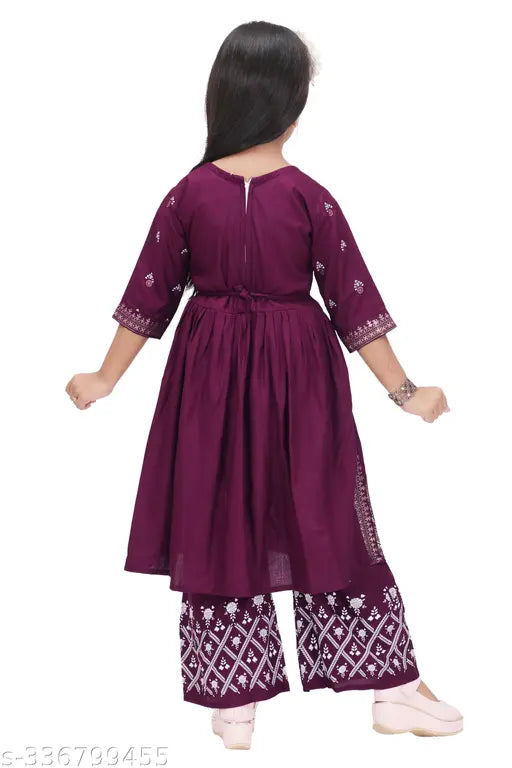 Maroon color printed rayon kid's Naira Cut Kurta set with palazzo bottoms, three-quarter sleeves, vibrant colors, and intricate embroidery