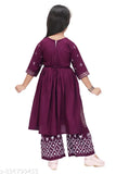 Maroon color printed rayon kid's Naira Cut Kurta set with palazzo bottoms, three-quarter sleeves, vibrant colors, and intricate embroidery