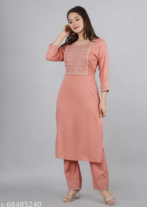Peach rayon kurta pant set with embroidered net, three-quarter sleeves, palazzos for women's semi-formal wear, India origin