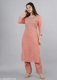 Peach rayon kurta pant set with embroidered net, three-quarter sleeves, palazzos for women's semi-formal wear, India origin
