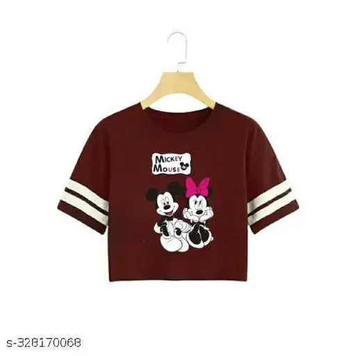 Maroon cotton blend printed net P C MM crop top - retro, fashionable, latest women's wear from India