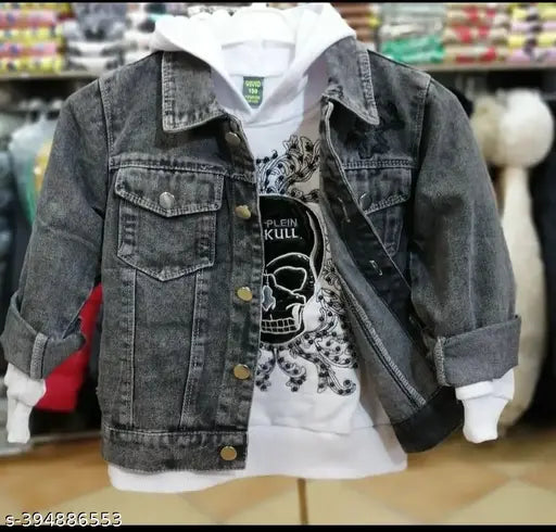 Denim boys jacket, distressed black with zip details and branding