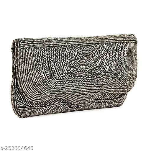 Silver beaded women's clutch purse with multiple card slots
