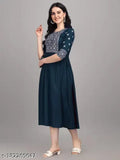 Blue viscose Reyon Anarkali kurti with embroidered round neck, perfect for women's fashion events