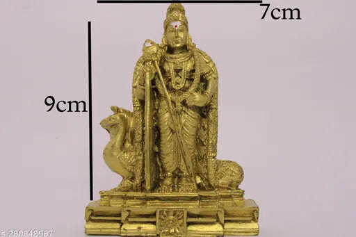 Antique golden Murugan poly resin god idol, Indian cultural artifact on pedestal