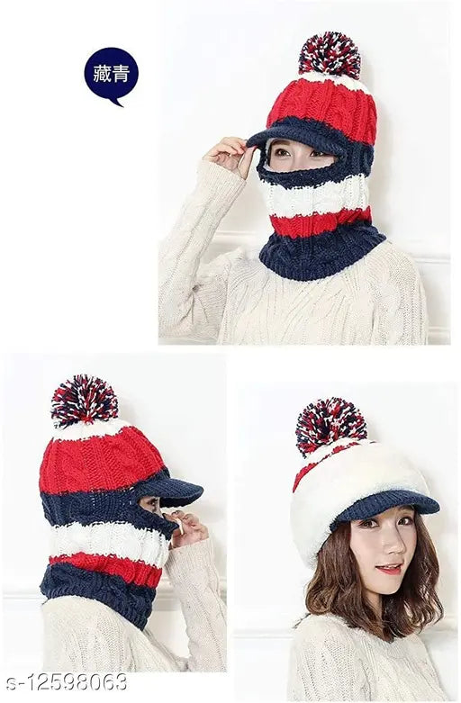 Black and grey knit women's winter hat with pom poms, infinity scarf style, neck warmer cap set