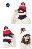 Black and grey knit women's winter hat with pom poms, infinity scarf style, neck warmer cap set