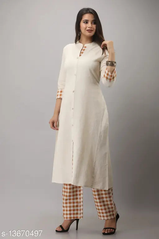 MAUKA Cotton flex A-line kurta & palazzo set, solid pattern, comfortable three-quarter sleeves, Indian-made cotton clothing