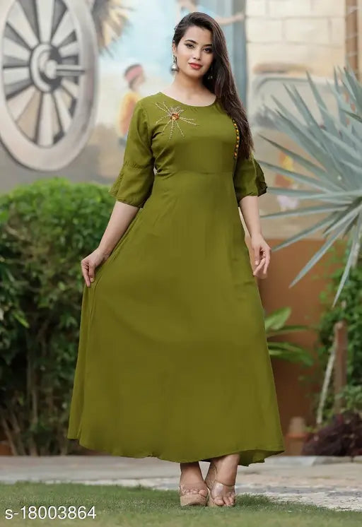 Rayon kameez long dress, green, elbow length