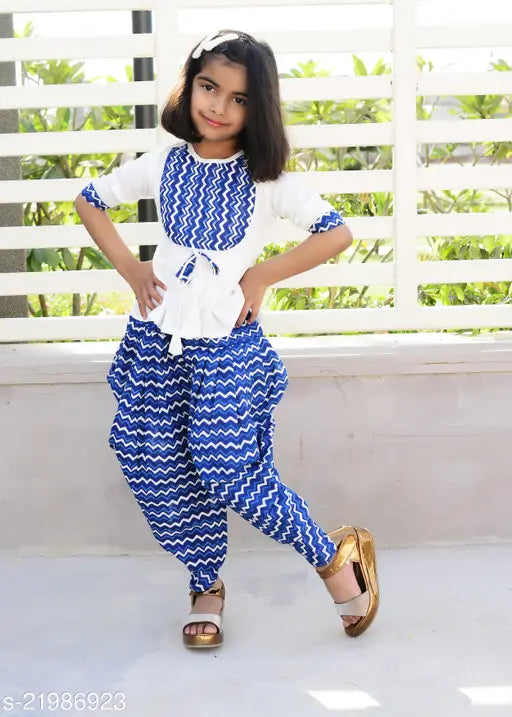 White rayon kurti with blue printed dhoti pants for baby girl, high-quality Indian-made fashion