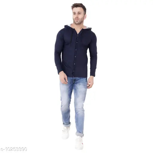 Blue cotton blend long sleeves hood t-shirt with solid pattern, perfect for casual wear