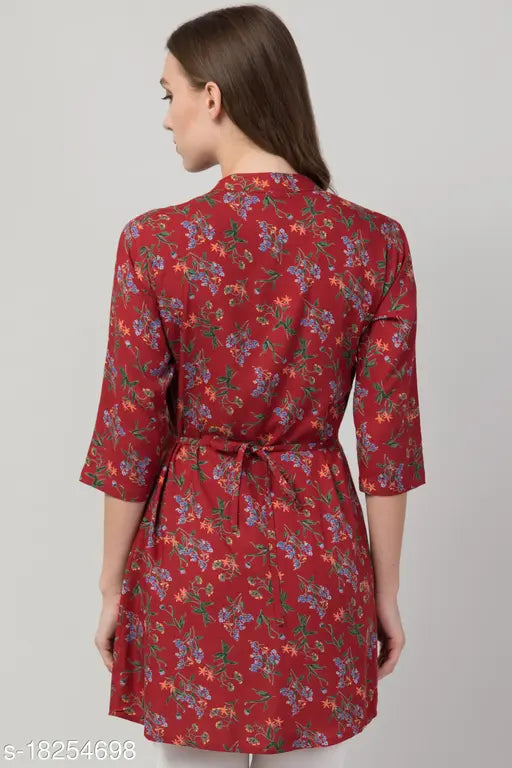Maroon rayon floral tunic for women, pleated with attached side belts and 3/4 sleeves, maroon color