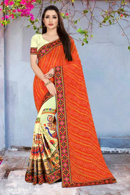 Orange and green Georgette party wear saree with embroidery