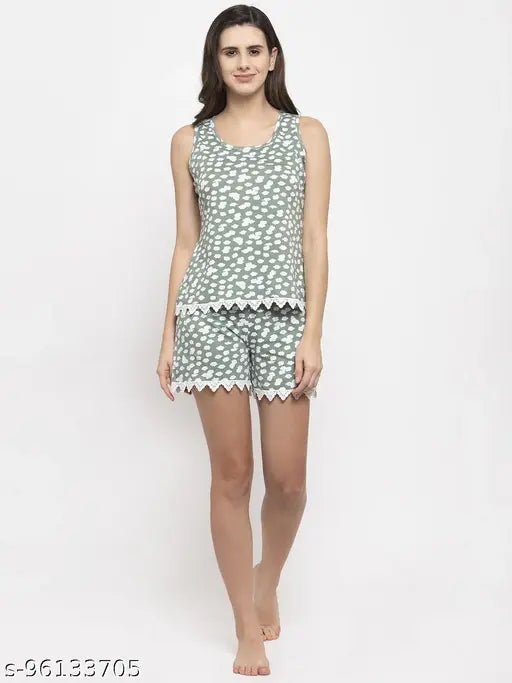 Cotton nightsuit for women - printed net hosiery, sleeveless short and top