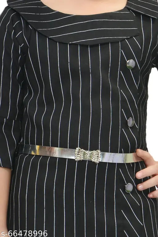 Black and white striped girls dress with matching handbag, belted waist detail