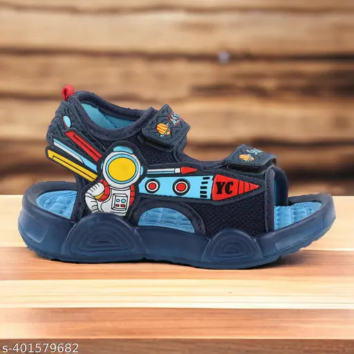 Blue strappy Velcro sports sandals for kids, black sole with design detail