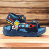Blue strappy Velcro sports sandals for kids, black sole with design detail