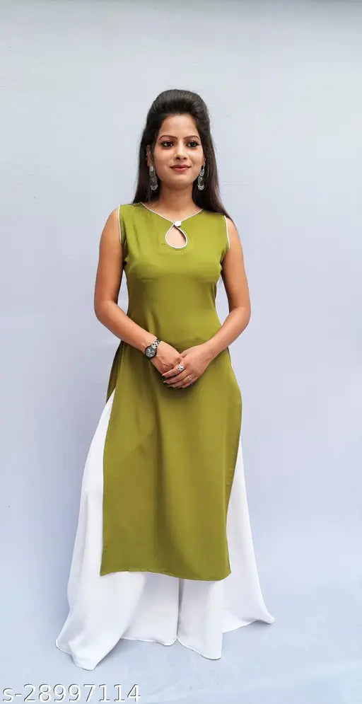 Green crepe sleeveless kurti and palazzos set, trending women's clothing, India-made, solid color