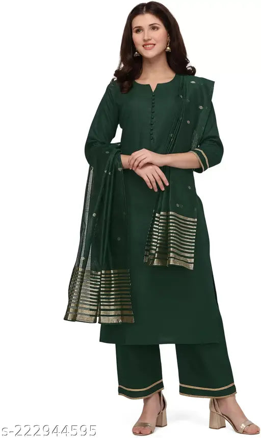 Cotton blend dupatta set with palazzos, solid net, three-quarter sleeves - Indian women's fashion