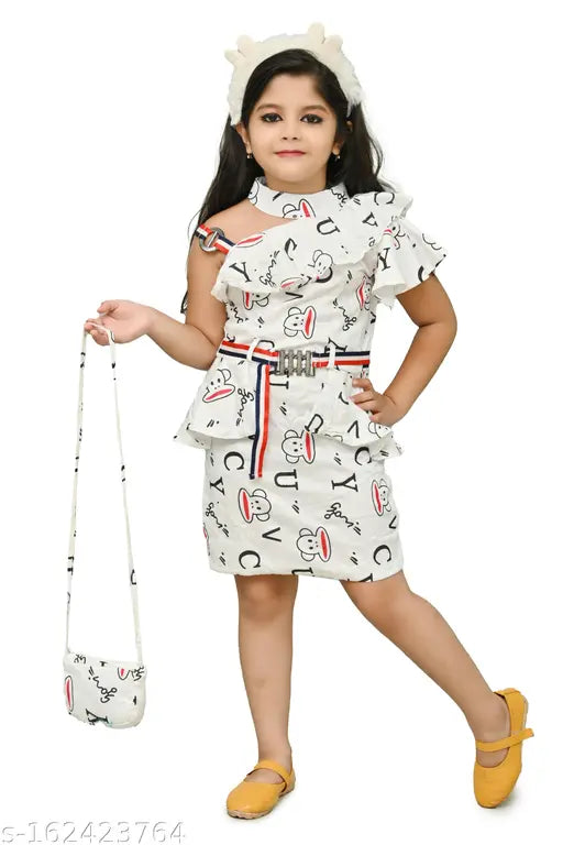 Girls frock in playful print, sling bag design, black, yellow soles