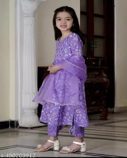 Organza and rayon festive party kurti pant set with dupatta for baby girls, printed three-quarter sleeve design in various sizes (5-6yrs, 7-8yrs, 9-10yrs, 11-12yrs, 13-14yrs), India origin