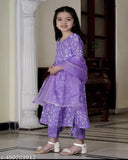 Organza and rayon festive party kurti pant set with dupatta for baby girls, printed three-quarter sleeve design in various sizes (5-6yrs, 7-8yrs, 9-10yrs, 11-12yrs, 13-14yrs), India origin
