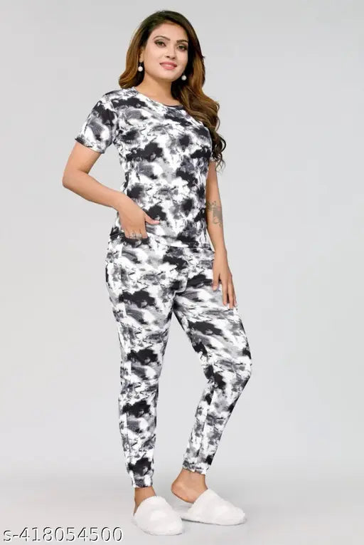 Alluring printed polyester nightsuit set, premium quality Indian-made sleepwear for women