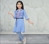 Modern partyware kids baby girls anarkali frock cum kurta with leggings set, printed crepe dupatta-less, three-quarter sleeves, Indian ethnic design for regular and party wear. Size: 18in (1-2 years), 20in (2-3 years), 30in (6-7 years), 32in (7-8 years, 8-9 years). India origin