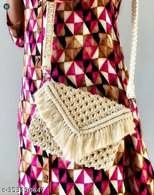 Macrame sling bag, crafted from cotton rope with tassels and fringe details, bohemian style